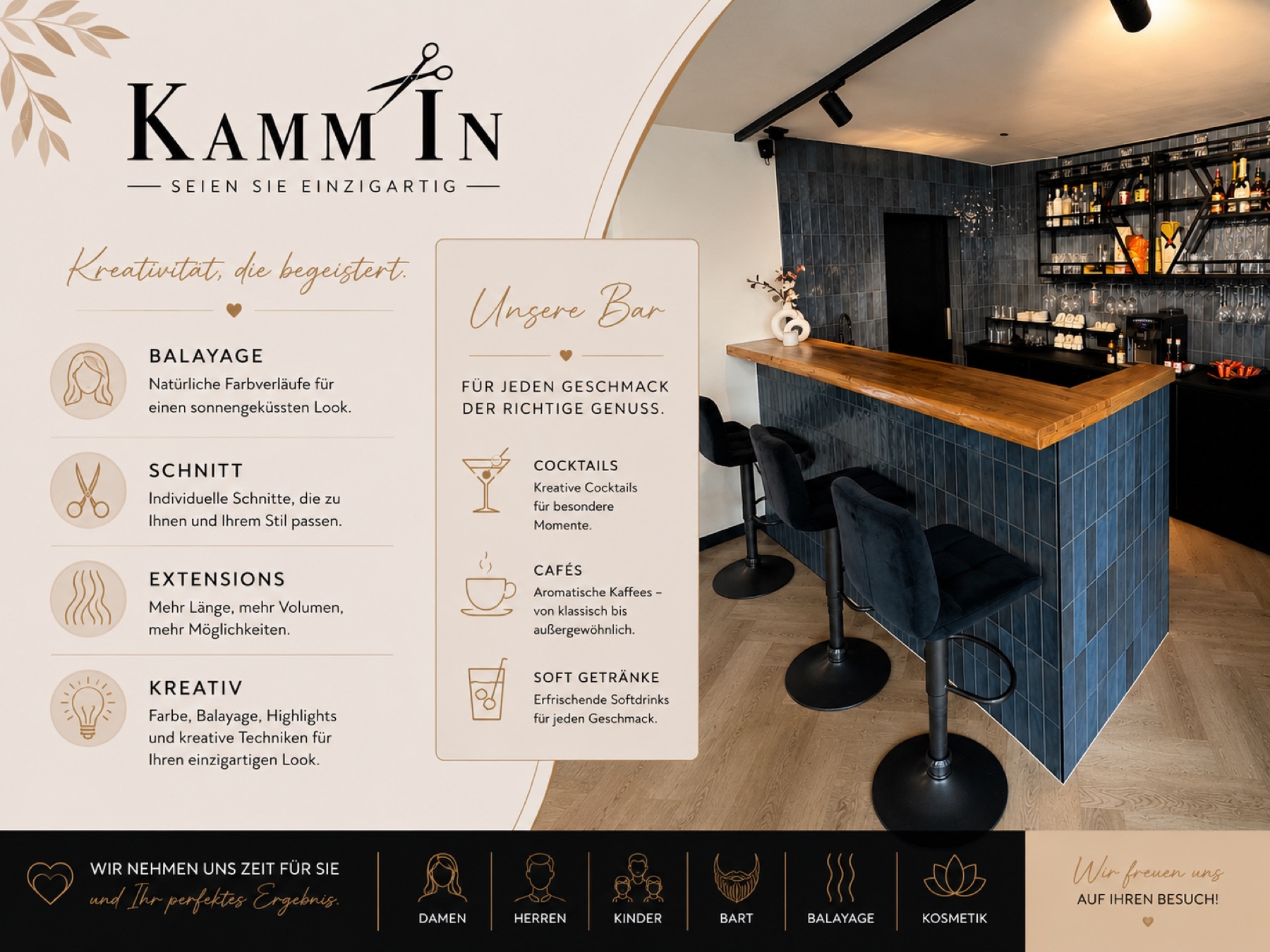 Kamm In Bar mit Holztheke, Kaffee, Softgetraenken und Cocktails