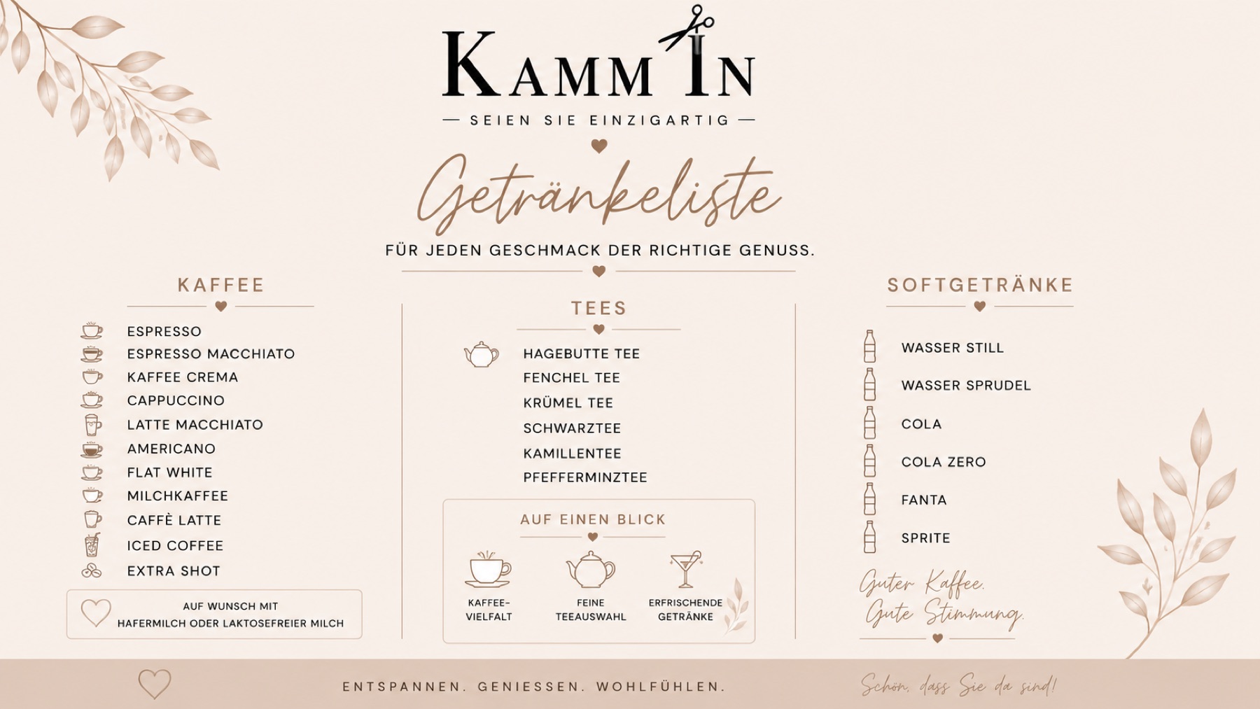 Kamm In Getraenkeliste mit Kaffee, Tee und Softgetraenken