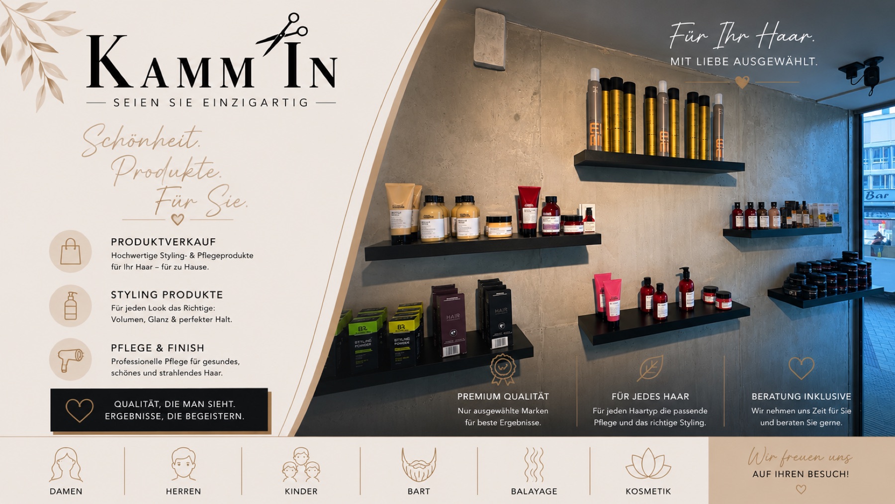 Kamm In Salon mit Produktregalen und hochwertiger Ausstattung